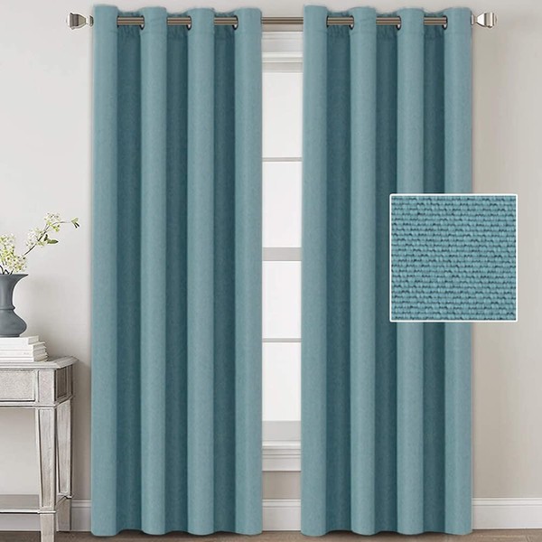 H.VERSAILTEX Linen Blackout Curtains 96 Inches Long for Bedroom/Living Room Thermal Insulated Grommet Curtain Drapes Primitive Textured Linen Burlap Effect Window Draperies 2 Panels - Eggshell Blue