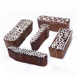 Wooden Stamps for Block Printing | Set of 5 | Border Shaped Wooden Finger Stamps, Tattoo Handcarved Indian Textile Printing Blocks for Henna Mehndi Clay Pottery Hashcart®