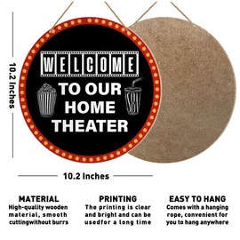Movie Theater Decor Movie Night Theme Wooden Hanging Sign for Home Bar Cafes Pubs Media Room 10.2 x 10.2 Inches Welcome to Our Home Theater