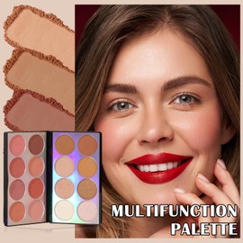 Prreal 16 Colours Contour & Highlight & Blush Palette, Multifunctional 3-in-1 Makeup with Contour Blush & Bronzer Pressed Powder Makeup Palette, Natural Smudge-proof Face Eyeshadow Cosmetics