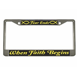 Christian License Plate Frame Fear Ends When Faith Begins Christian Gifts for Women Novelty License Plate Frame (Chrome/Carbon/Yellow)