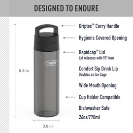 THERMOS ICON SERIES Lightweight Hydration Bottle - Durable Water Bottle Made with Tritan by Eastman with Wide-Mouth Rapidcap Lid - 26oz, Smoke