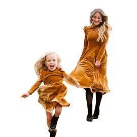 Mommy and Me Dresses Women Girls Kids Ruffle Long Sleeve Fashion Velvet Lotus Pure Color Casual Birthday Christmas Party Dress Mother Daughter Family Matching Outfits Yellow L
