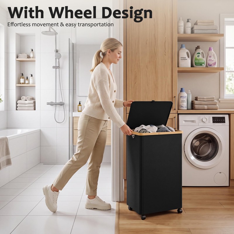 efluky 100L Laundry Basket with Wheels and Lid, Rolling Laundry