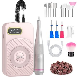 YOPOWER Portable Nail Drill Professional 45000RPM, Rechargable Electric Nail File Machine for Acrylic Gel Nails Manicure Pedicure Polishing Cuticle, Cordless Efile with Bits Kit for Home Salon Use, Pink