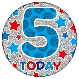 Age 5 Birthday Badge Blue, Red And Silver Holographic Recyclable 5th Birthday Party Badge