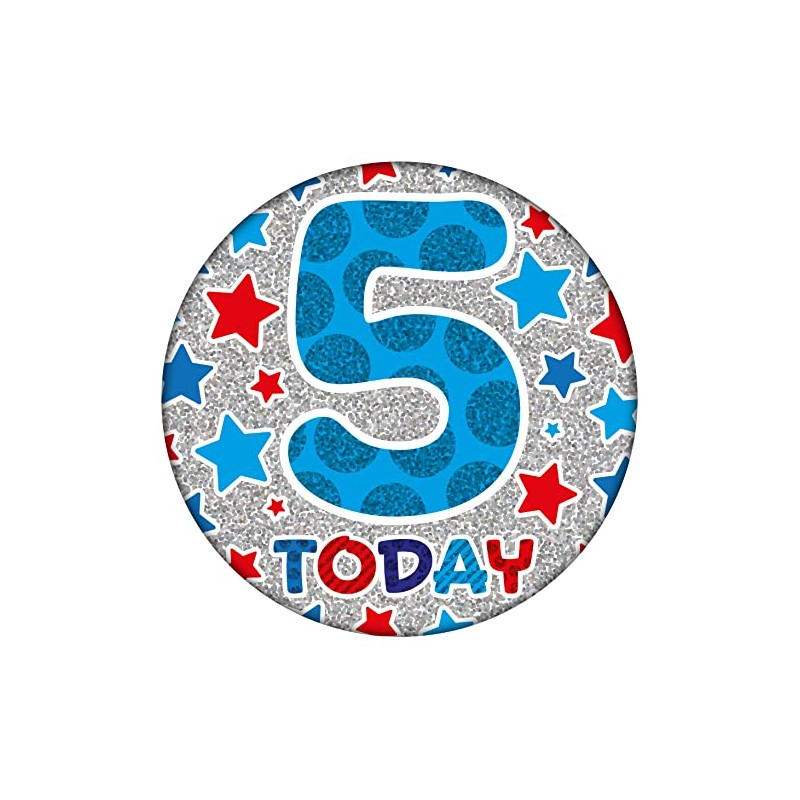 Age 5 Birthday Badge Blue, Red And Silver Holographic Recyclable