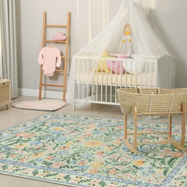 Morebes Washable 5x7 Area Rugs,Boho Pink Floral Rug Non Slip, Soft Vintage Bedroom Rugs Indoor Floor Throw Carpet for Living Room Office Playroom Kitchen Bathroom, Green/Multi