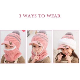 Uniyoung Baby Winter Warm Hat Scarf Toddler Girls Boys Ear Flaps Hood Balaclava Kids Fleece Lining Knit Pompom Beanie Hat with Visor Ski Snow Caps for 1-5 Years (Pink)