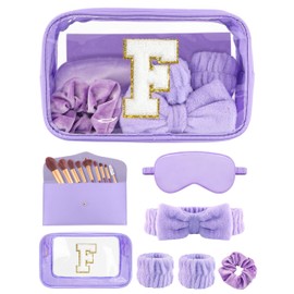 Gift Sets for Women, Initial Makeup Bag with Makeup Brush Set Bachelorette Party Favors, Purple Spa Kit with Skincare Headbands Wrist Bands Sleepover Party Supplies Gifts for Teen Girls Bridesmaid F