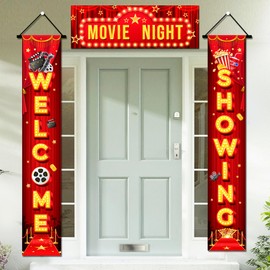 Movie Night Porch Sign Banner, 2 Pcs Movie Theme Porch Sign Banner & 1 Pcs Movie Night Door Top Banner for Movie Theme Party Decorations