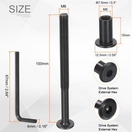 HARFINGTON 10Sets M6x100mm Hex Drive Socket Cap Bolt and M6x15mm Nuts with Hex Wrench, Furniture Connector Bolts and Screws for Furniture Countersunk Belt, Black