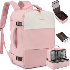 LOVEVOOK Travel Backpack for Women,35L Carry On Backpack Flight Approved with 3 Packing Cubes,TSA Personal Item Travel Bag Fits 15.6” Laptop,Weekender Hiking Business Luggage Daypack Pink Beige