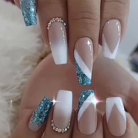 Resweky 24 Stücke Lange Coffin Falsche Nägel Französisch Kristall Druck auf Nägel Glänzend Rosa Blau Nackt Falsche Nägel Volle Abdeckung Acryl Nägel für Frauen