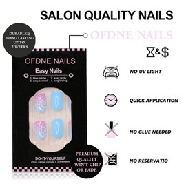 OFDNE Blue Press on Nails Short Square 24Pcs Full Cover Summer Acrylic Nails with Designs Mermaid Glitter Pink&Blue Glossy Glue on Nails for Women Girls