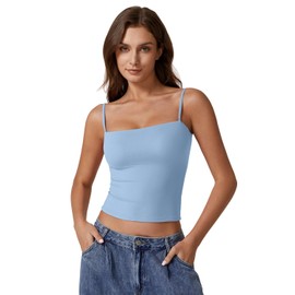 QINSEN Women's Basic Solid Cami Undershirt Spaghetti Strap Double Layer Crop Tank Top Light Blue M