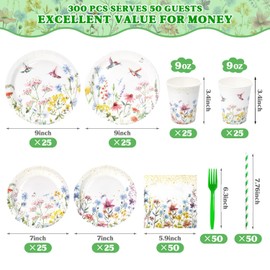 300 Pcs Wildflower Plates and Napkins Tableware Set,Plates Napkins Cups Straws and Forks Sets Party Supplies, Spring Floral Baby Shower Birthday Decorations,Serves 50 Guests