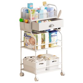 Baby Diaper Caddy Cart Organizer -3 Tier, Bedside Nursery Essentials Cart & Storage Holder for Newborn Baby Stuff, 2+1 Dividers, 1 Drawer,Rolling Utility Cart for Bedroom,Changing Table, Crib