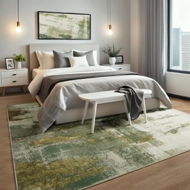 Area Rug Living Room Rug, 4x6 Modern Abstract Washable Rug Green Rug Non Slip Foldable Faux Wool Vintage Carpet, Fluffy Non-Shedding Rug for Living Room, Bedroom, Dining Room, Kids Playroom