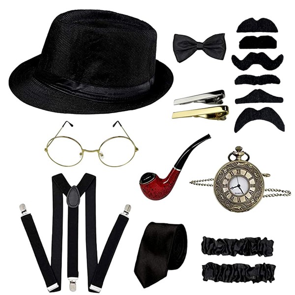 Cckuu 1920s Men Costume Fancy Dress Accessories Set Roaring Retro Gatsby Gangster Costume, Hat, Tie,Tie Clips,Pocket Watch, Suspender, Glasses, Beard, Armband Garters(Black)