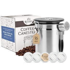 Kitcoff Coffee Grounds and Beans Container Canister with Date Tracker, CO2-Release Valve and Measuring Scoop - Made of Stainless Steel with Airtight Lids - Medium, 16oz, Silver