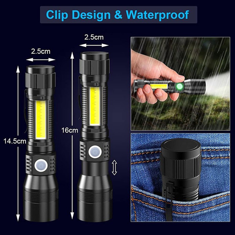 LED Flashlight Rechargeable Torch LED Pocket Flashlight with COB Light