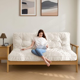 MAXYOYO 6" Futon Mattress Full Size, Velvet Thick Futons Sofa Couch Bed, Versatile Floor Mattress for Adults, Shredded Foam Filling (Frame Not Included), Beige