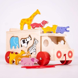 Bigjigs Toys, Animal Lorry Wooden Shape Sorter, Wooden Toys, Shape Sorter, Shape Sorters for 2 Year Olds, Pull Along Toy, Baby Wooden Toys, Handmade Wooden Toys