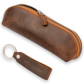 Premium pencil case made of genuine leather, long closure, Vintage Brown, vintage