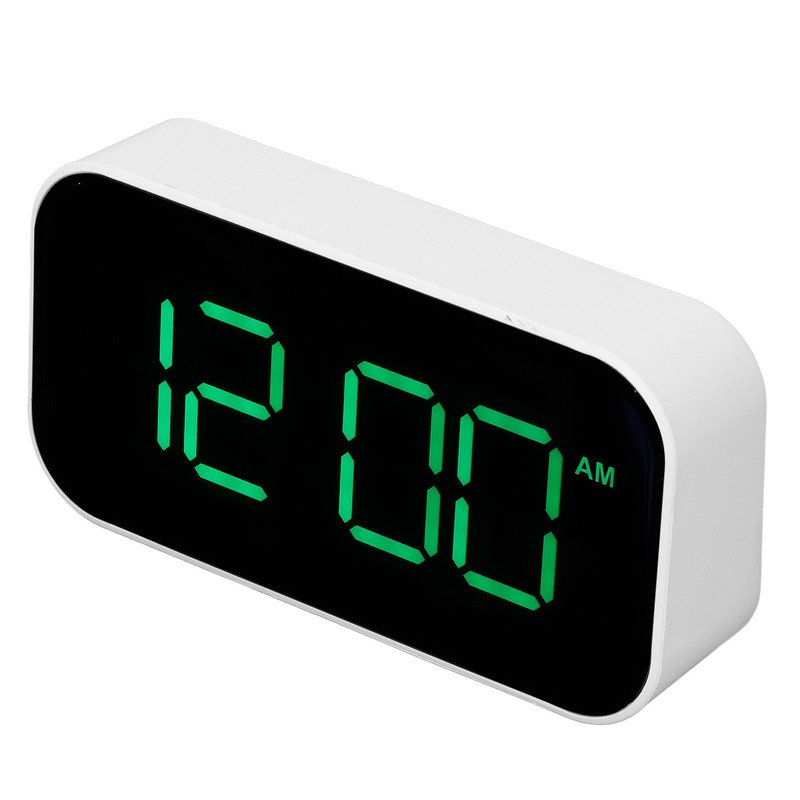 LED Digital Alarm Clock Brightness Adjustable 12/24Hr White Shell Green