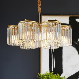 Salaiwei 24.4“ Gold Semi Flush Mount Ceiling Light Fixtures, 6-Light Gold Modern Crystal Chandelier Height Adjustable Pendant Lighting for Bedroom Entryway Hallway Kitchen Island Living Room Foyer