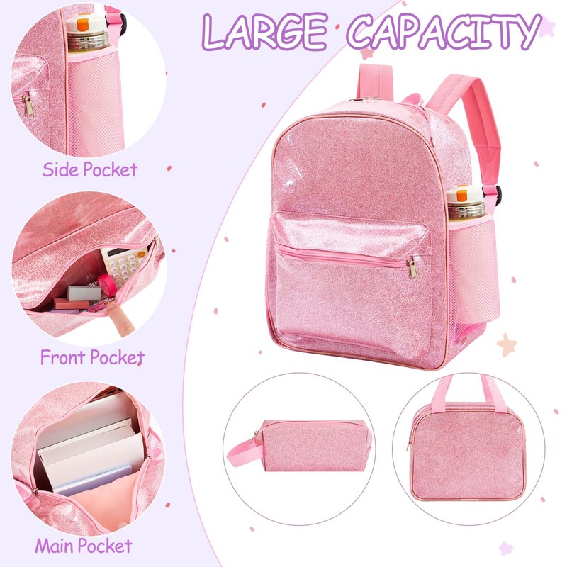 Bulyoou 3 Pcs Pink Glitter Backpack with Lunch Bag Pencil