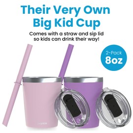 CUPKIN Kids & Toddler Cups, The Original 8 oz Stackable Stainless Steel Sippy Cup for Toddlers 3+ Years Old, Set of 2 Insulated Water Cups for Kids & BPA Free Lids + Silicone Straws (Pink + Purple)