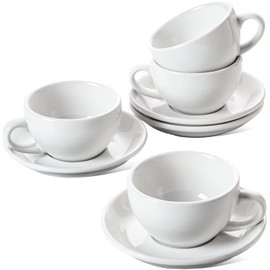 LE TAUCI 8 oz Cappuccino Cups with Saucers,Ceramic Large Coffee Cup for Au Lait, Double shot, Latte, Cafe Mocha, Tea - Set of 4, White