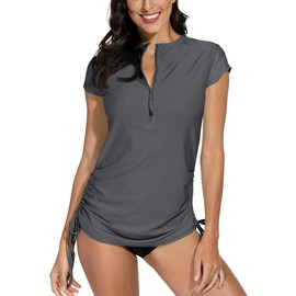 BesserBay Women's Surf Shirt Swimwear Rash Guard UV Shirts with Short Sleeves and 1/4 Zip Surf Shirt Swimming Tankini UPF 50+ Multicoloured XS - XXL, gray, m