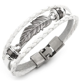 Vintage Feather Leaf White Braided Leather Bracelet for Men Women, Three-Row Leather Wristband(CA)