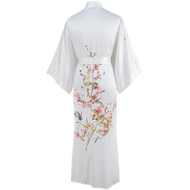 Ledamon Women's 100% Silk Kimono Long Robe - Classic Colors and Prints (White-A)