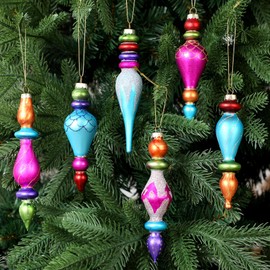 Teenyyou 6 Pcs Large 7.1inch Christmas Finials Glass Vintage Ornament Glass Finial Christmas Hanging Ornaments for Holiday Xmas Tree Decoration