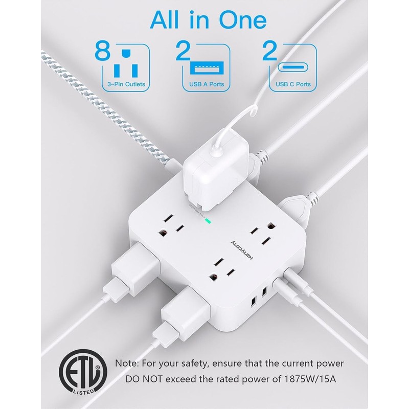 HANYCONY Surge Protector Power Strip - 8 Outlets 4 USB