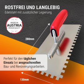 WERKFIT Professional Stainless Steel Trowel 3 mm - Smoothing Trowel Serrated Rustproof - Toothed Spatula with Soft Grip - Eaves Made in Austria 280 x 130 mm (4 x 4 mm)