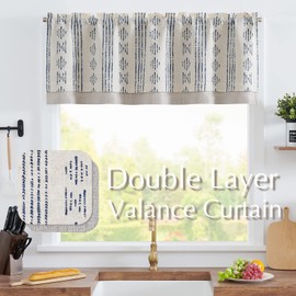 jinchan - Cortinas opacas con cenefa de cocina para ventanas, cenefa de doble capa para sala de estar, 18 pulgadas, diseño geométrico a rayas para ventana de granja, cenefa, 1 panel, color azul sobre beige