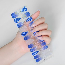 Christmas Semi Cured Gel Nail Strips, Snowflake Winter Glitter Gel Nail Stickers Long Lasting Cute Blue Snow Xmas Tree Holiday Semicured UV Nail Wraps UV Light Required for Women Girls(20Pcs)