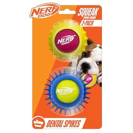 Nerf Dog Tennis Armor Balls with Rubber Squeaker, 2.5-Inch Durable Fetch Toys for Dogs, Yellow-Pink/Blue-Green (2-Pack)