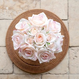 Avoeco 12-Piece Faux Real Touch Rose Bouquet in Ceramic Vase, Fake Flowers in Vase, Artificial Flowers for Home, Wedding, Bridal Bouquet, Party & Dining Table Centerpiece Decor (Pink Edge, 10" High)