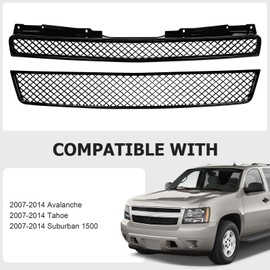 Front Grille Compatible with 2007 2008 2009 2010 2011 2012 2013 2014 Avalanche Tahoe Suburban 1500，Black Automotive Front Hood Grill Replacement