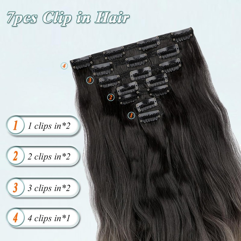 Yekartary Women Hair Extensions Clip-ins 7PCS Seamless Invisible Long Wavy