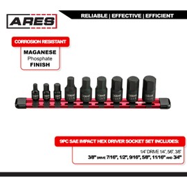 ARES 70496-9-Piece SAE Impact Hex Driver Socket Set - Chrome Moly Steel Construction and Manganese Phosphate Coating - Includes Storage Rail - Low Profile and Designed for Impact Use