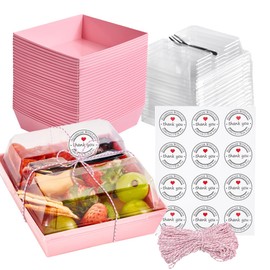 Leafiew 50 Pack Clear Treat Boxes with Forks - Small Dessert Boxes To Go - 5 Inch Disposable Paper Mini Containers for Cookie, Cake Slice, Charcuterie, Bakery, Strawberry, Baked Goods Packaging (Pink)