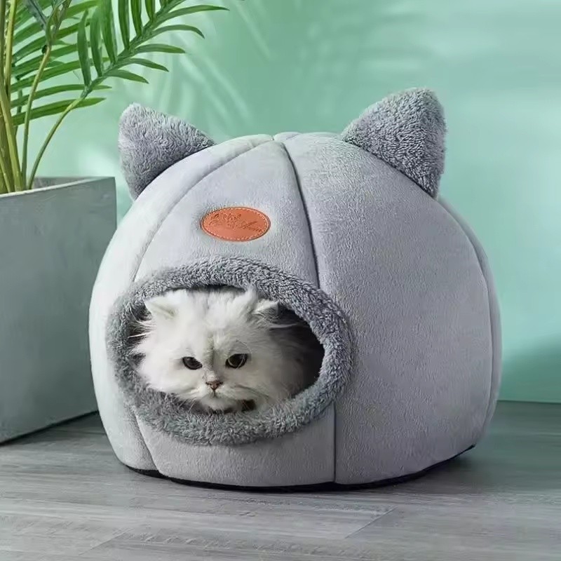 XL Gray Plush Cat Cave Bed for Indoor Cats –
