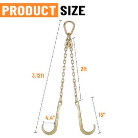 SPARKWHIZ G70 J Hook Tow Chain V Bridle with 15" J Hooks, 5/16'' Grab Hooks, 2ft Legs, Flatbed Truck Safety Chains 5,400 lbs